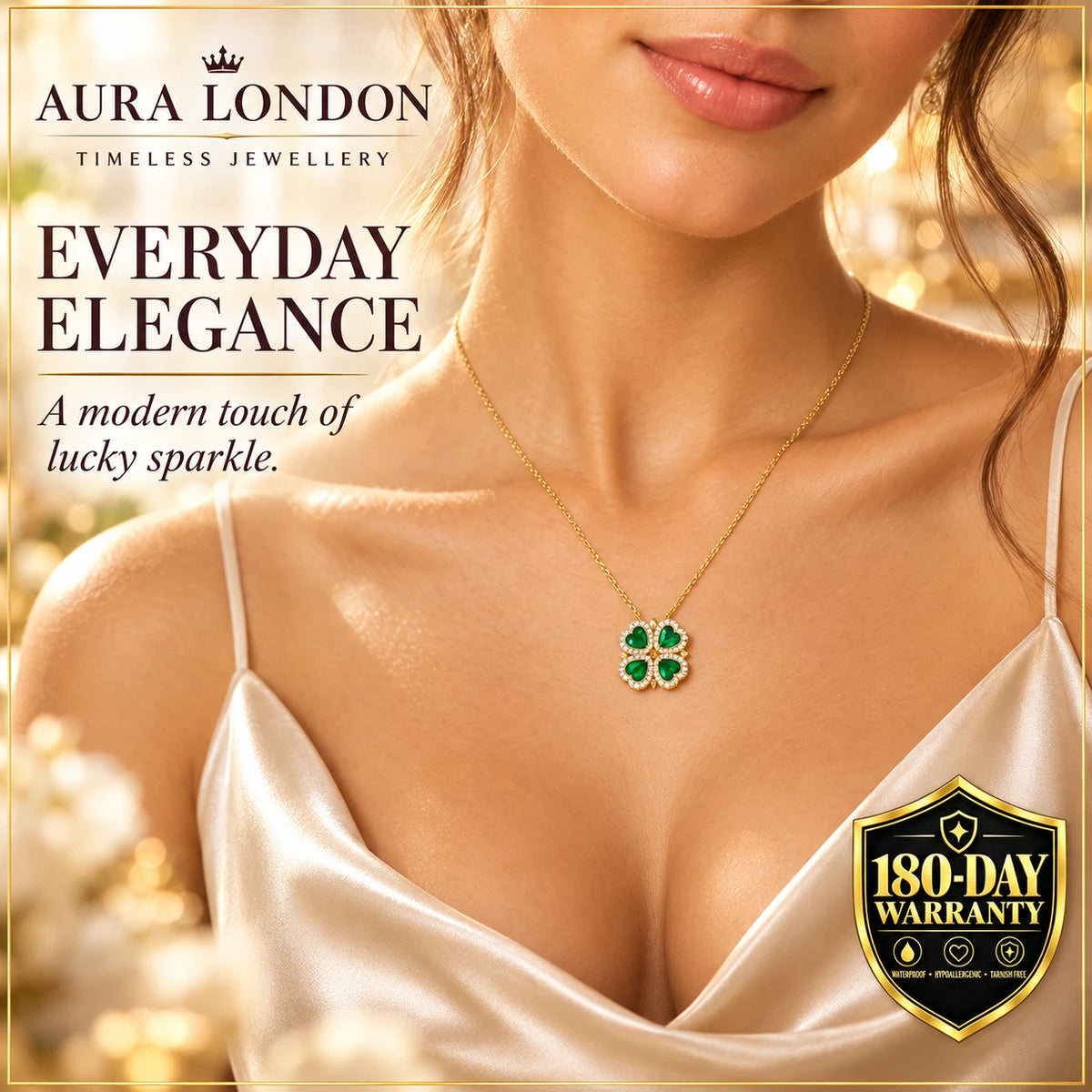 18K GOLD PLATED TITANIUM STEEL GREEN CLOVER CZ PENDANT NECKLACE WATERPROOF GIFT
