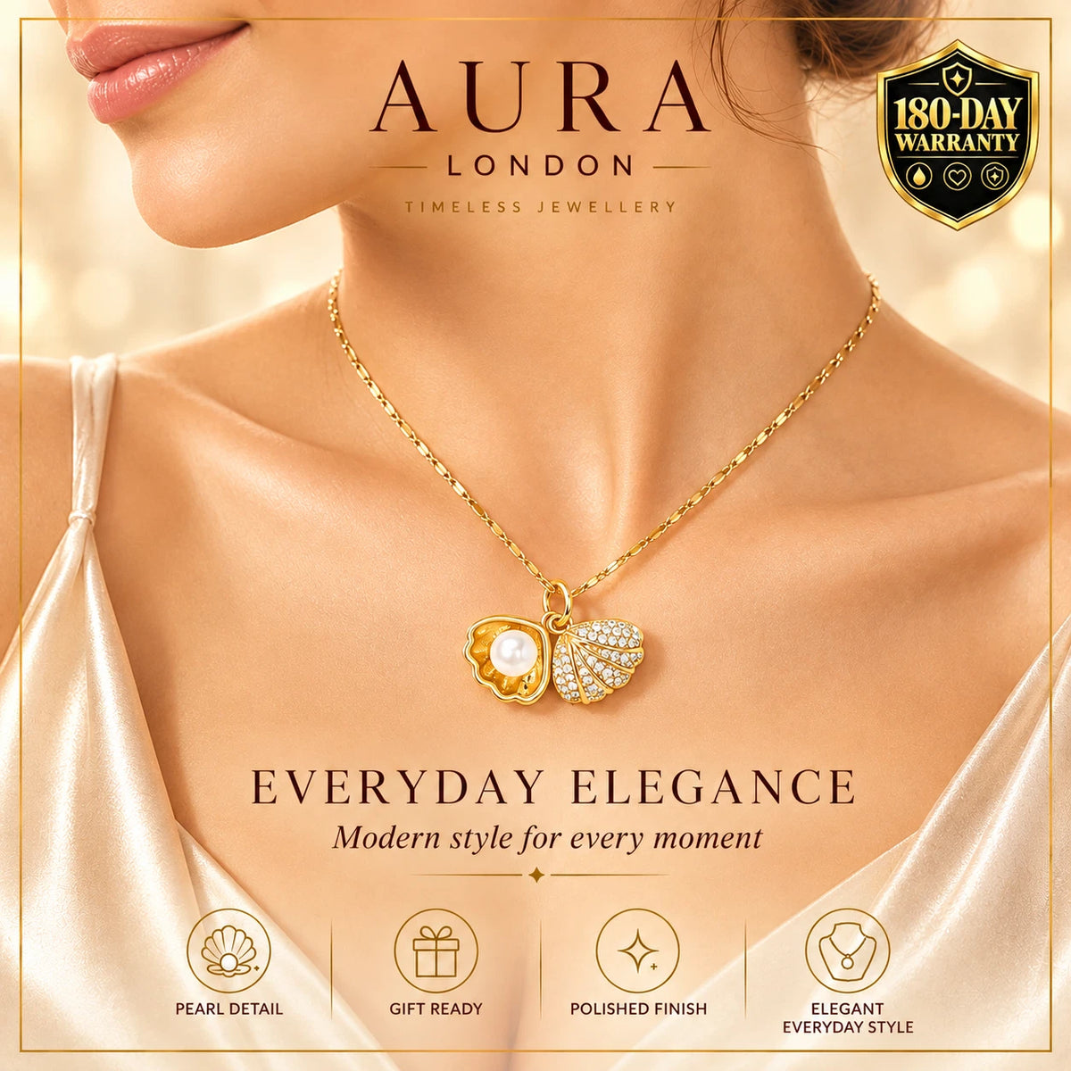18K GOLD PLATED TITANIUM STEEL LADIES PEARL SHELL CZ NECKLACE WATERPROOF GIFT UK