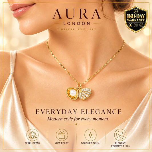 18K GOLD PLATED TITANIUM STEEL LADIES PEARL SHELL CZ NECKLACE WATERPROOF GIFT UK