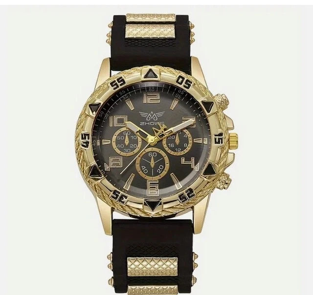 MEN'S FASHION BUSINESS WATCH CHUNKY BEZEL,QUARTZ,WHITE GOLD BLACK SILVER, UK