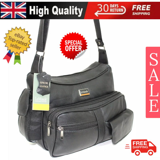 NEW WOMEN'S GENUINE REAL LEATHER ORGANISER SHOULDER BAG MULTI POCKETS HANDBAG UK STOCK