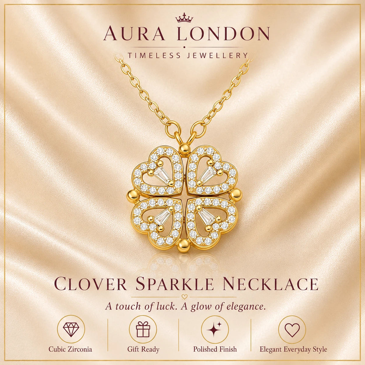 18K GOLD PLATED TITANIUM STEEL OPENABLE CLOVER HEART CZ NECKLACE WATERPROOF GIFT