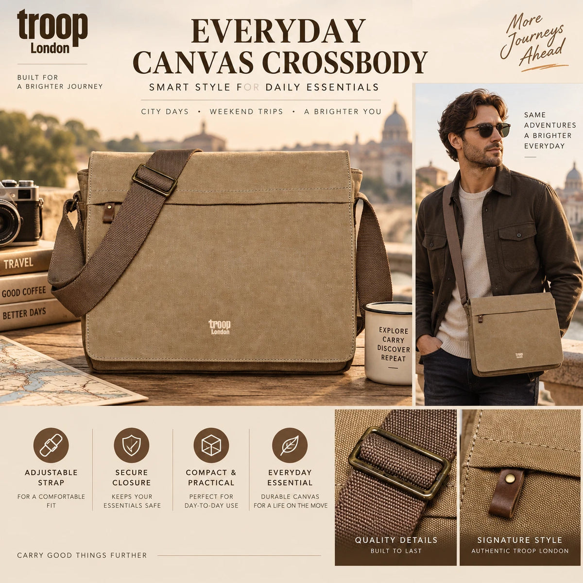 NEW TROOP LONDON TRP0240 CANVAS LAPTOP MESSENGER BAG 16.5INCH CROSSBODY SHOULDER