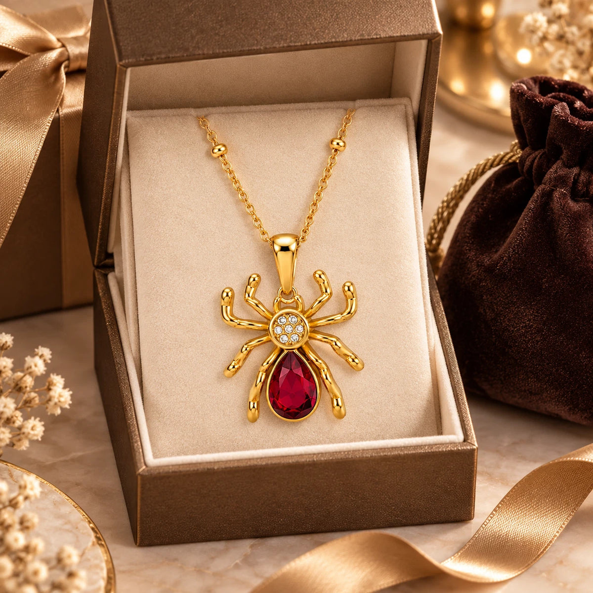 18K GOLD PLATED TITANIUM STEEL RED SPIDER NECKLACE WATERPROOF STATEMENT PENDANT