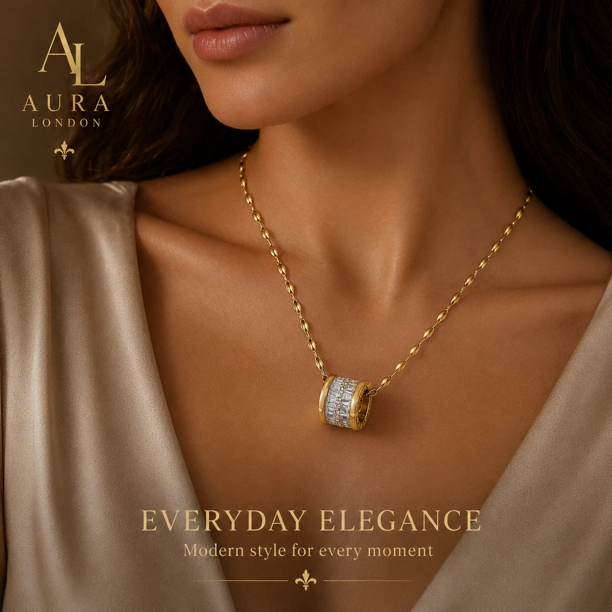 18K GOLD PLATED CRYSTAL ROMAN NUMERAL BARREL PENDANT NECKLACE LADIES WOMAN GIFT