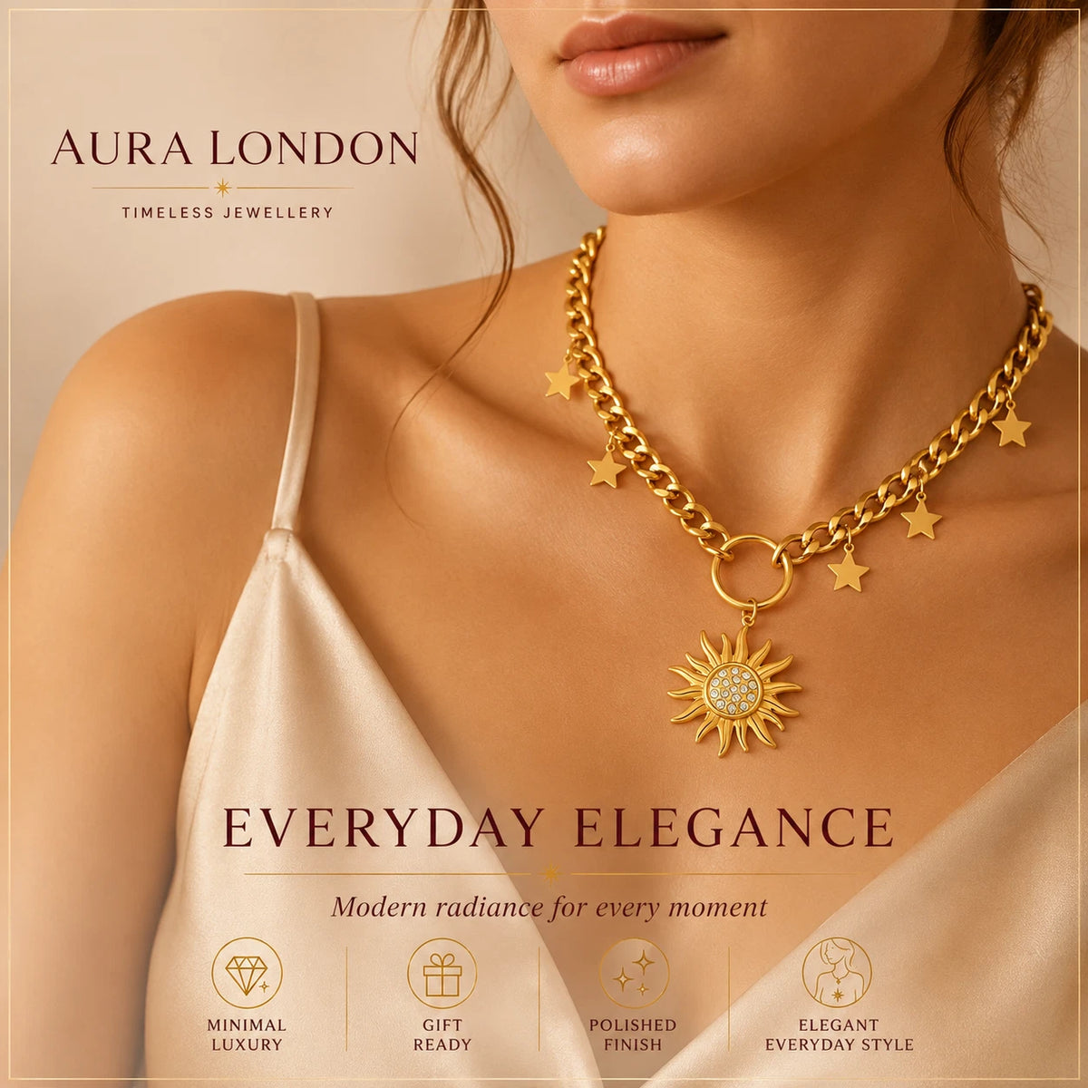18K GOLD PLATED TITANIUM STEEL LADIES SUN STAR CZ NECKLACE CELESTIAL WATERPROOF
