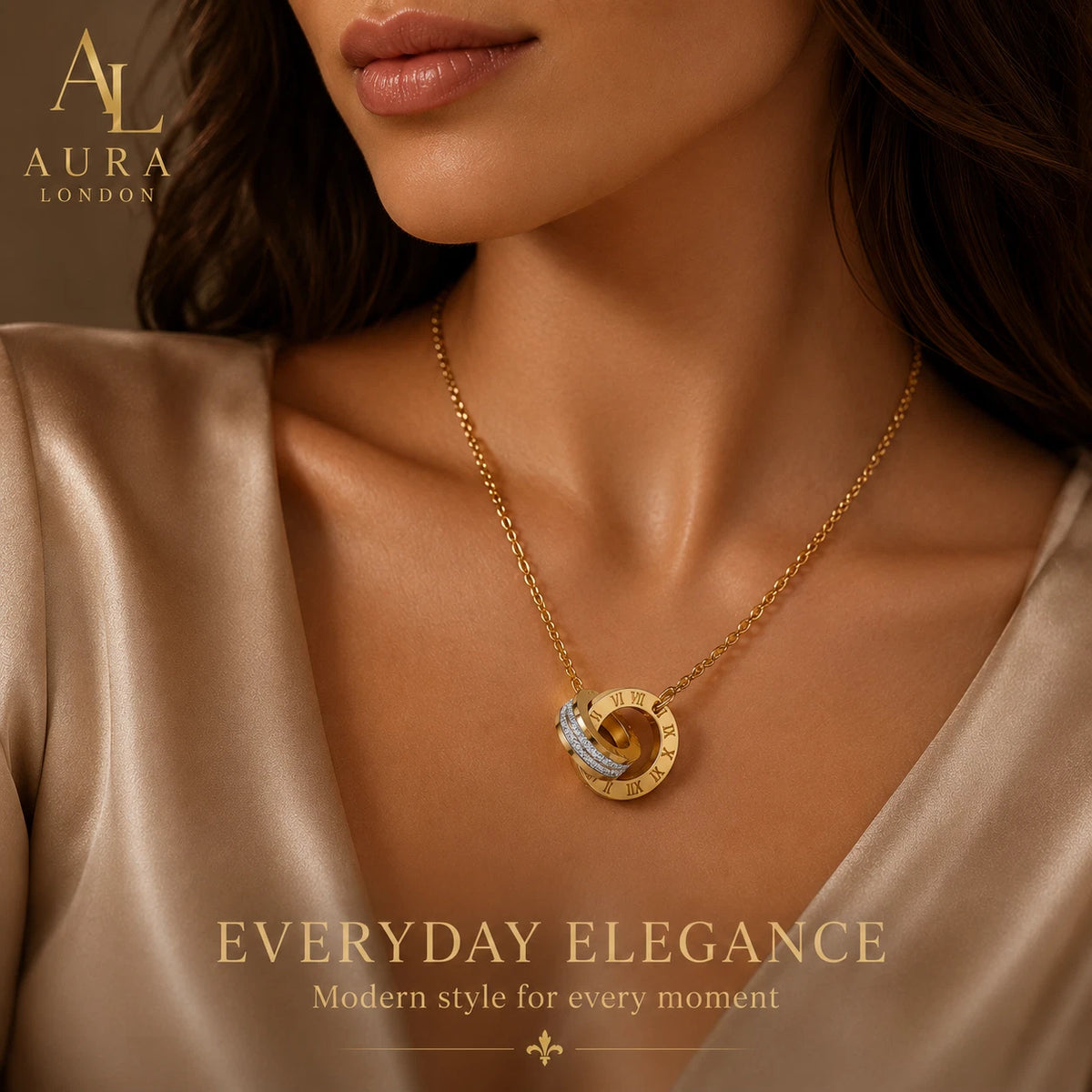 18K GOLD PLATED TITANIUM STEEL LADIES ROMAN NUMERAL DOUBLE RING CZ NECKLACE GIFT