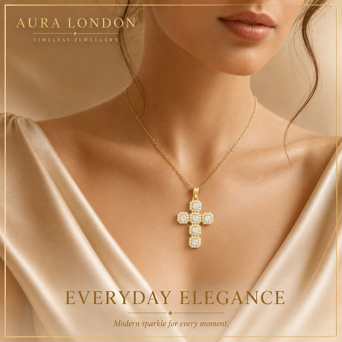 18K GOLD PLATED TITANIUM STEEL CROSS CZ PENDANT NECKLACE PVD WATERPROOF GIFT UK