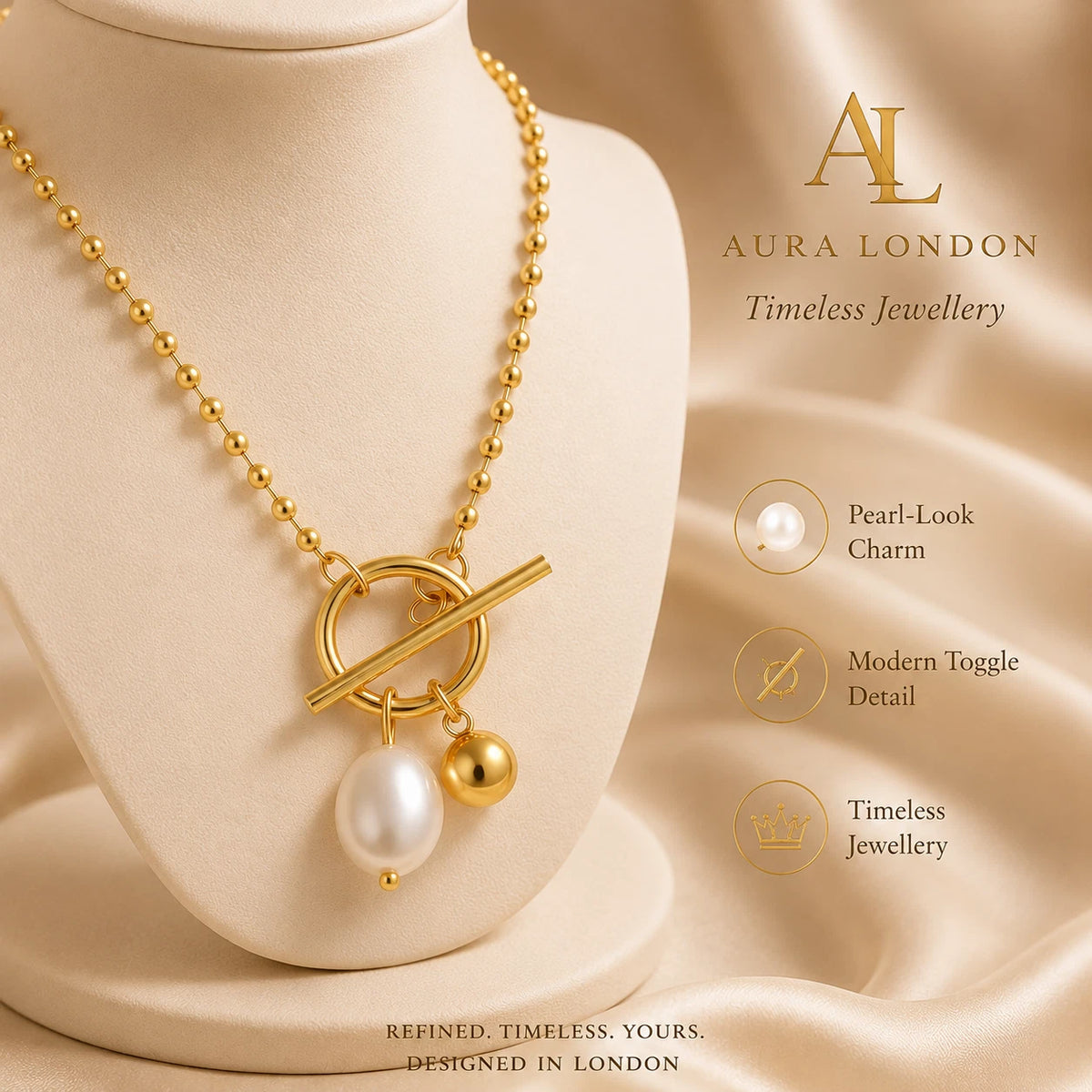 18K GOLD PLATED STAINLESS STEEL FRESHWATER PEARL TOGGLE NECKLACE LADIES GIFT UK