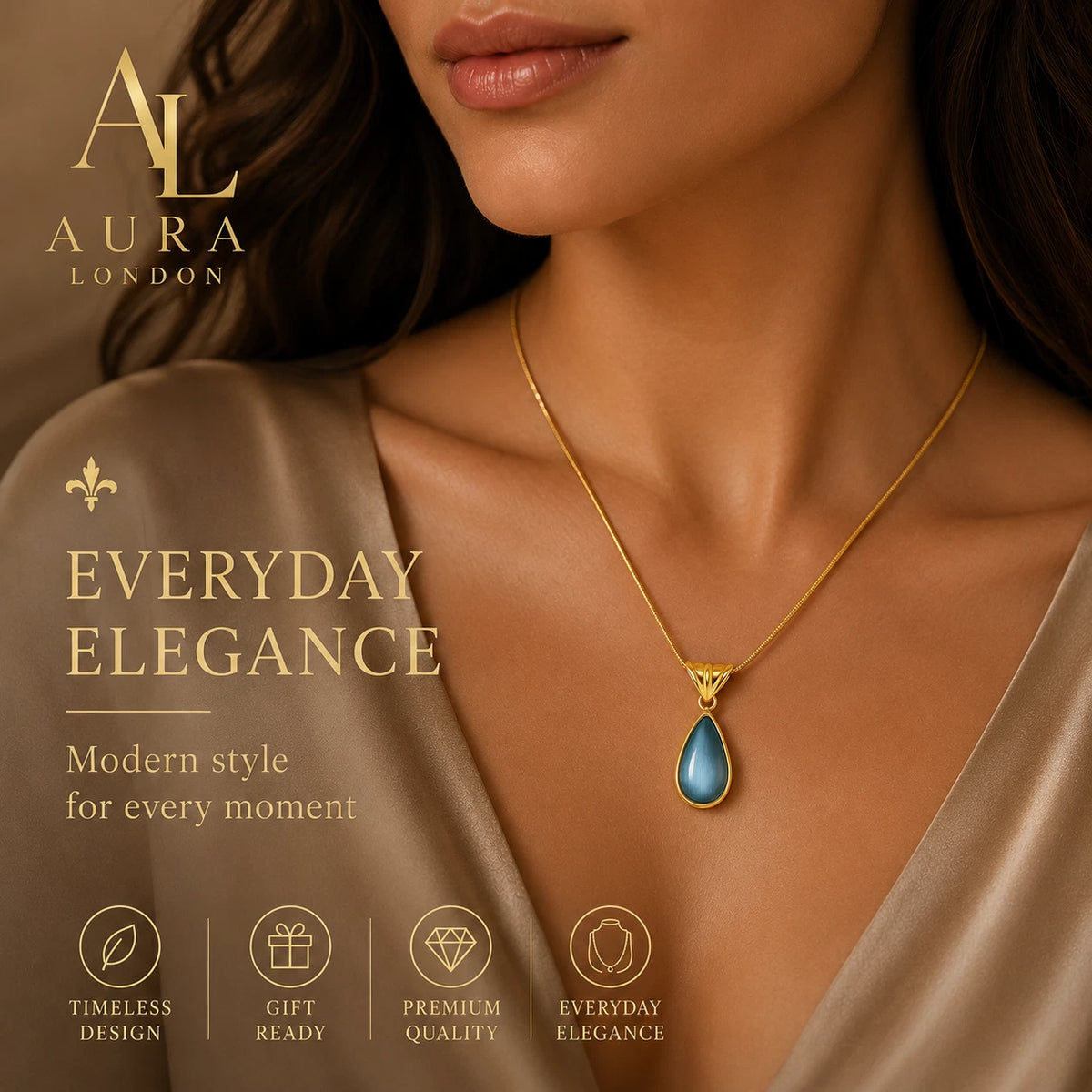 18K GOLD PLATED TITANIUM STEEL LADIES BLUE TEARDROP PENDANT NECKLACE WATERPROOF