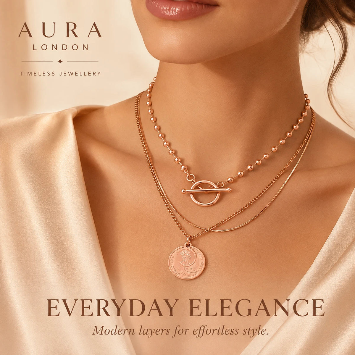 18K GOLD PLATED TITANIUM STEEL TRIPLE LAYER ROSE GOLD COIN NECKLACE WATERPROOF