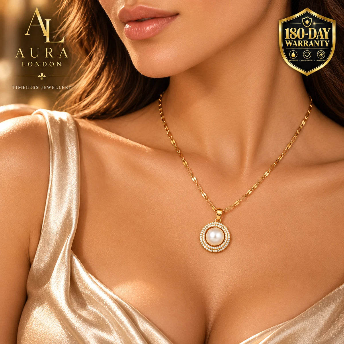 18K GOLD PLATED PEARL HALO CZ PENDANT NECKLACE TITANIUM STEEL ANTI TARNISH GIRLS