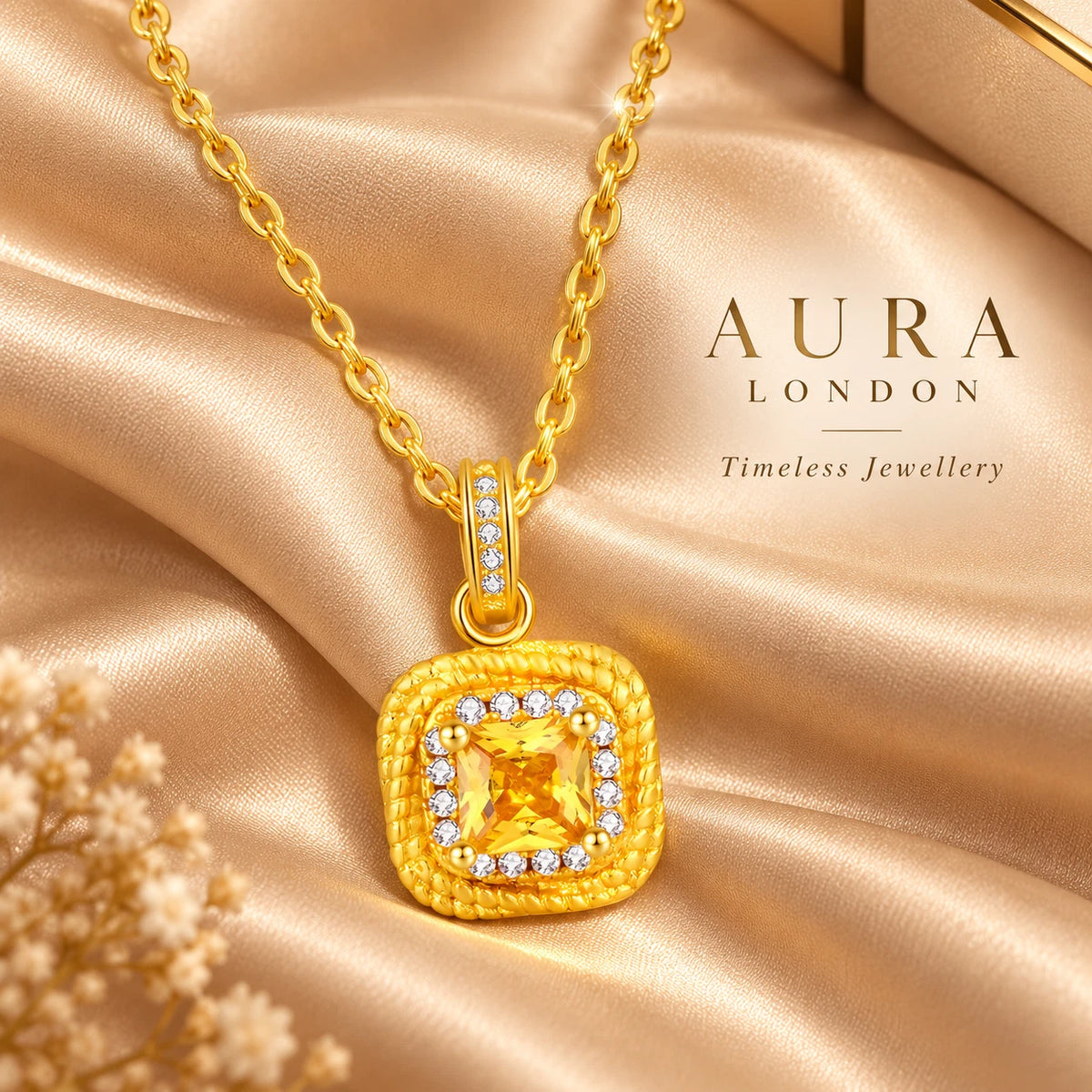 18k Gold Plated Titanium Steel Yellow CZ Necklace Waterproof Square Pendant Gift
