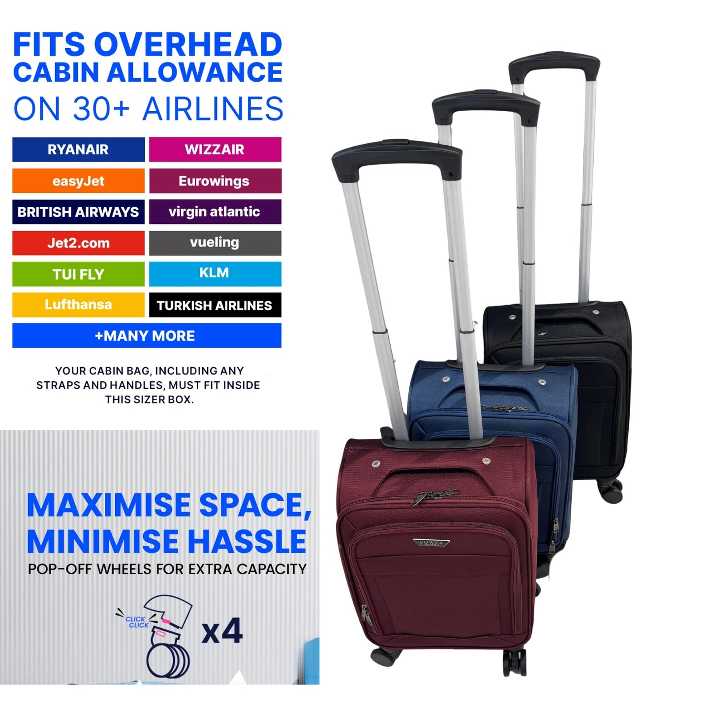 Ryanair Fits 52x34x20cm Cabin Suitcase 4 Wheel soft Carry Travel Luggage Bag UK STOCK