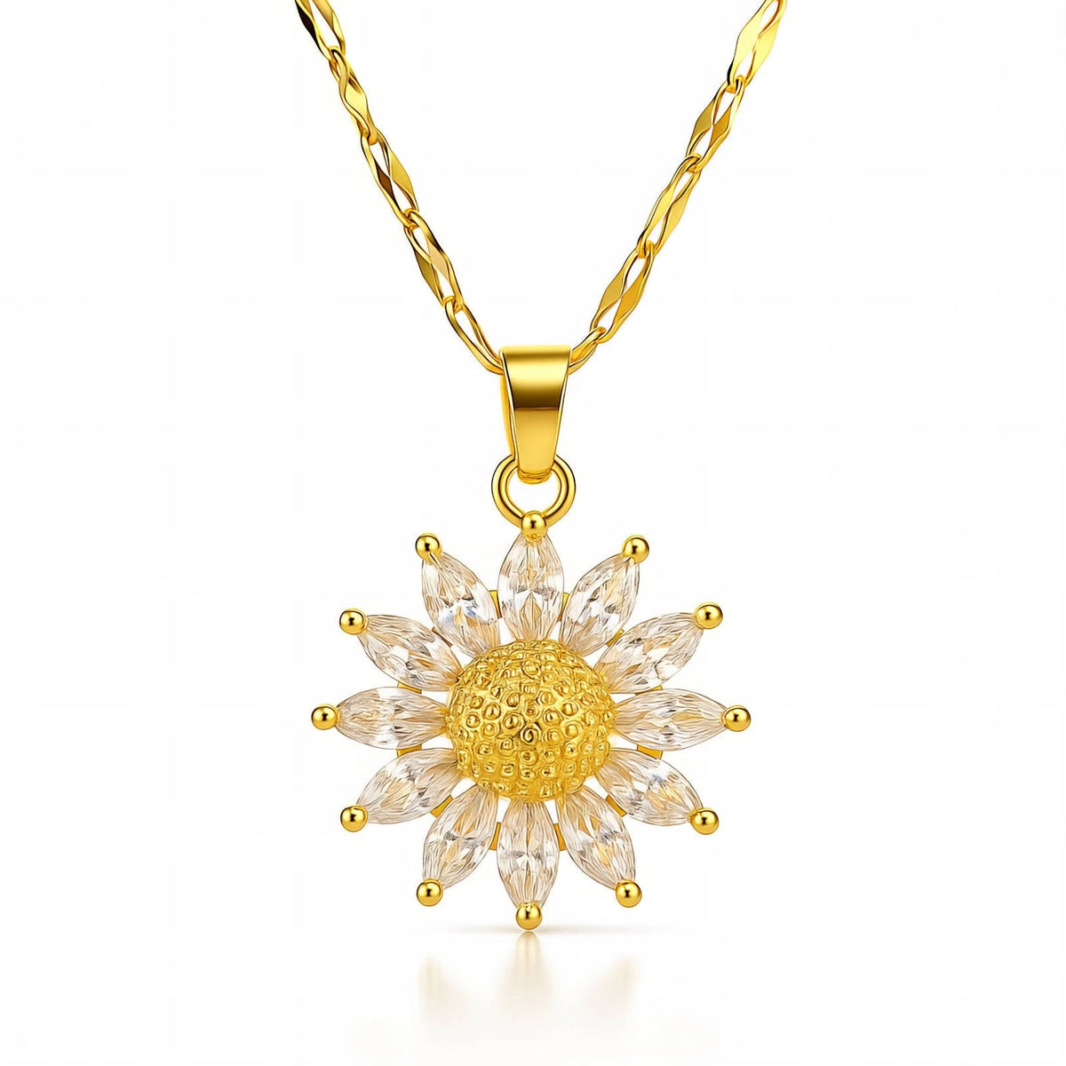 18K GOLD PLATED TITANIUM STEEL DAISY FLOWER CZ PENDANT NECKLACE WATERPROOF GIFT