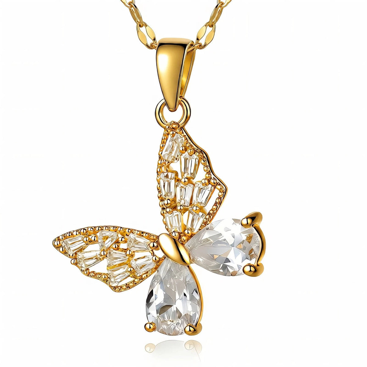 18K GOLD PLATED TITANIUM STEEL BUTTERFLY CZ PENDANT NECKLACE PVD WATERPROOF UK