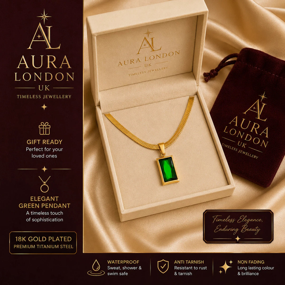 18K GOLD PLATED TITANIUM STEEL GREEN CZ PENDANT NECKLACE WATERPROOF LADIES UK