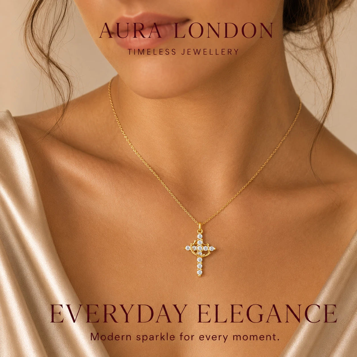 18K GOLD PLATED TITANIUM STEEL CROSS CZ NECKLACE PVD GOLD PLATED WATERPROOF GIFT