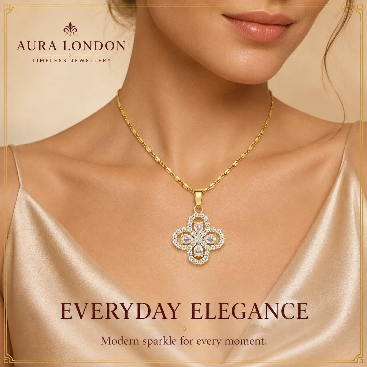 18K GOLD PLATED TITANIUM STEEL FLORAL CZ PENDANT NECKLACE WATERPROOF SPARKLY UK
