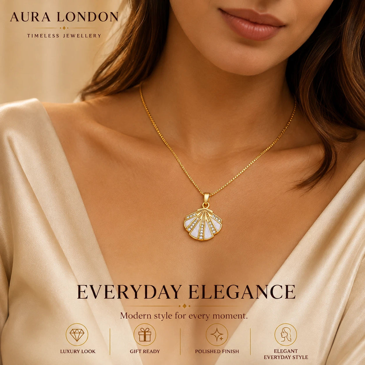 18K GOLD PLATED TITANIUM STEEL LADIES SHELL CZ PENDANT NECKLACE WATERPROOF GIFT