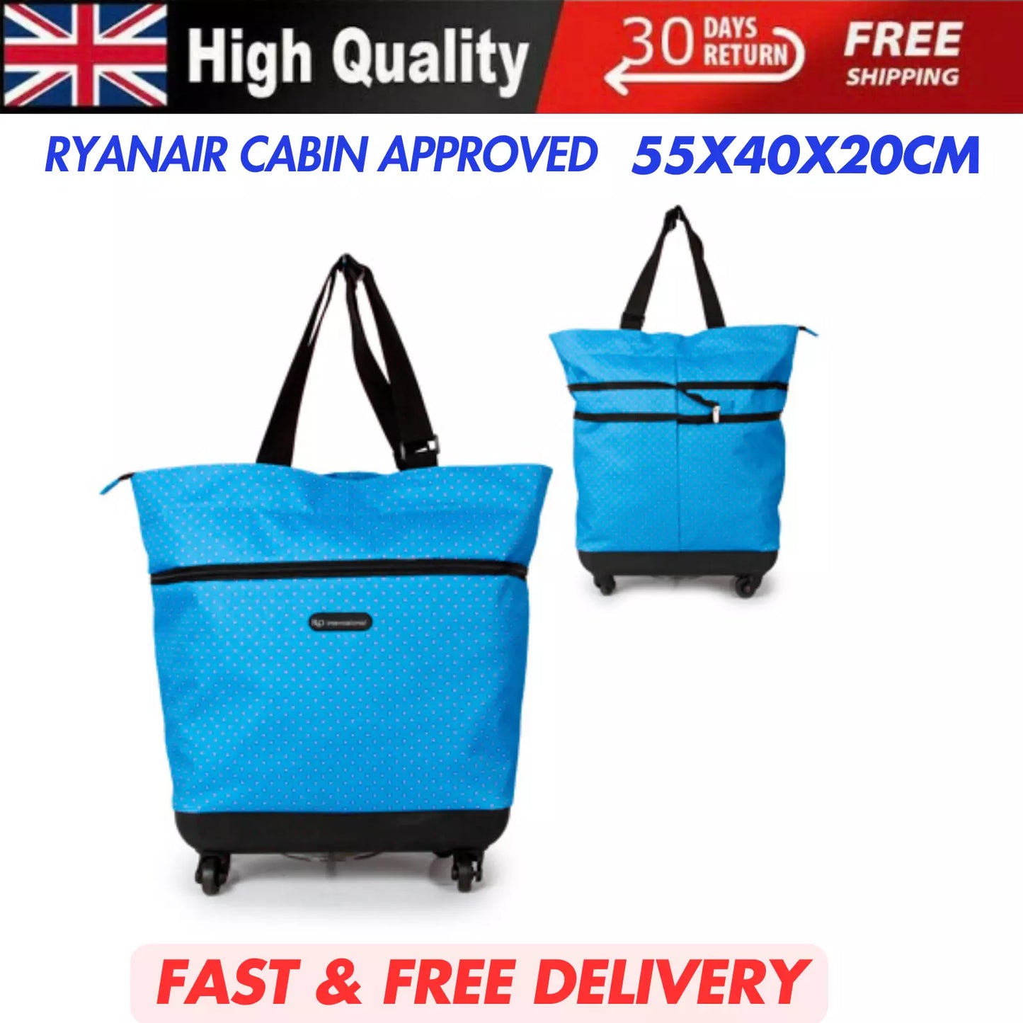 EXPANDABLE CABIN LARGE WHEELED HOLDALL TROLLEY BAG HAND LUGGAGE CARRY RYANAIR UK STOCK