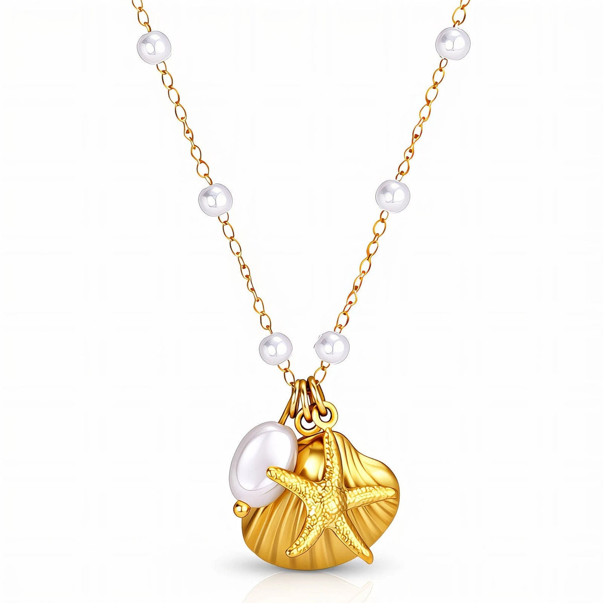 18K GOLD PLATED TITANIUM STEEL LADIES PEARL SHELL STARFISH NECKLACE WATERPROOF