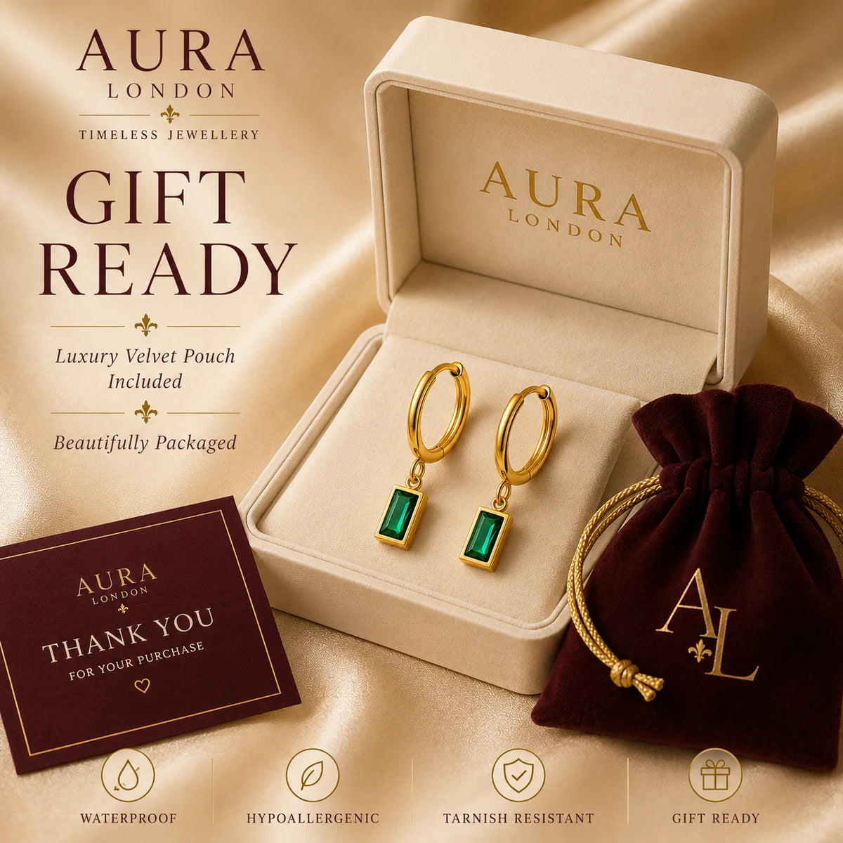 18K GOLD PLATED TITANIUM STEEL LADIES GREEN CZ DROP HOOP EARRINGS WATERPROOF UK