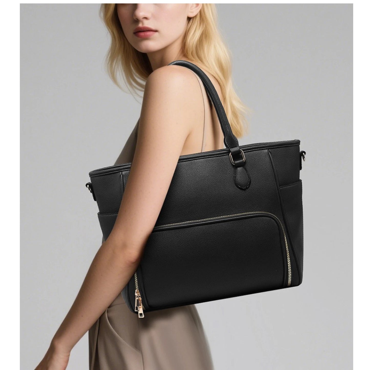 LADIES LARGE TOTE BAG BLACK VEGAN LEATHER LAPTOP WORK TRAVEL SHOULDER HANDBAG UK STOCK