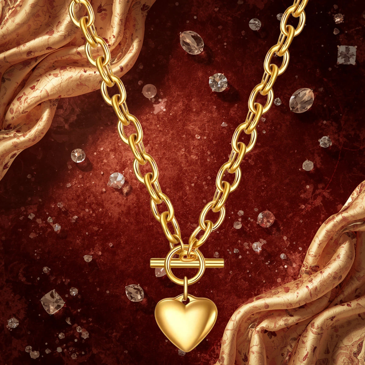 18K GOLD PLATED TITANIUM STEEL HEART PENDANT TOGGLE NECKLACE LADIES GIRLS GIFTUK
