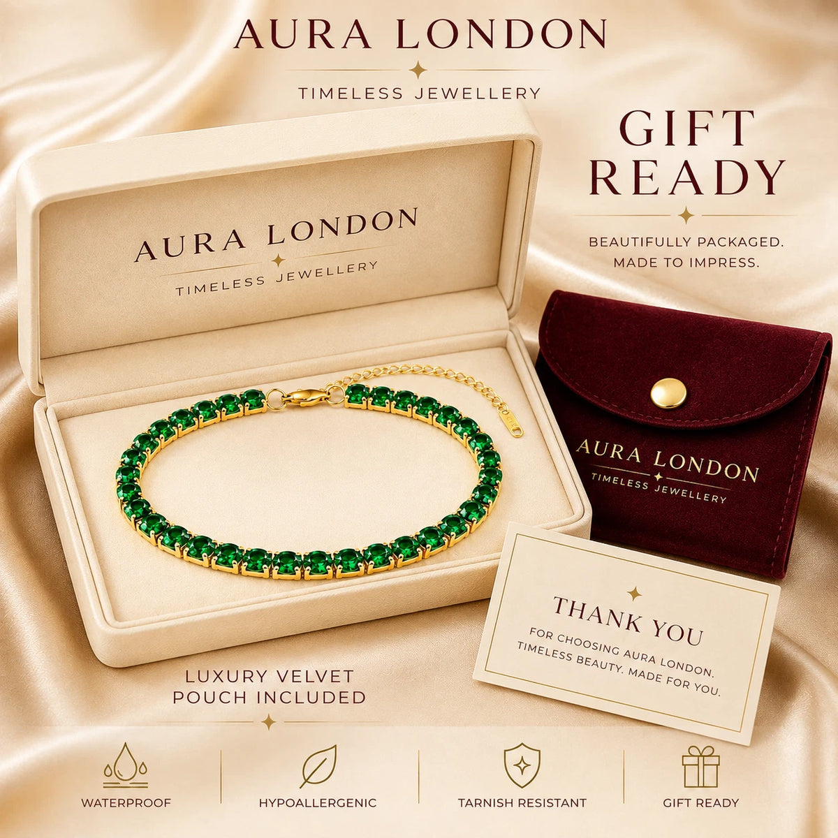 18K GOLD PLATED TITANIUM STEEL LADIES GREEN CZ TENNIS BRACELET ADJUSTABLE GIFT