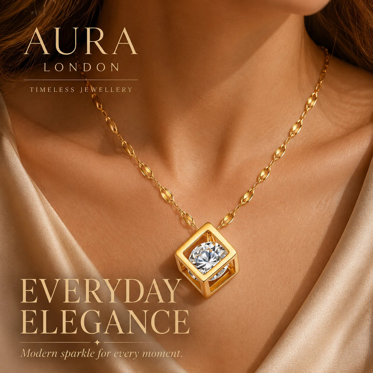 18K GOLD PLATED GEOMETRIC CUBE CZ PENDANT NECKLACE TITANIUM STEEL LADIES GIFT UK