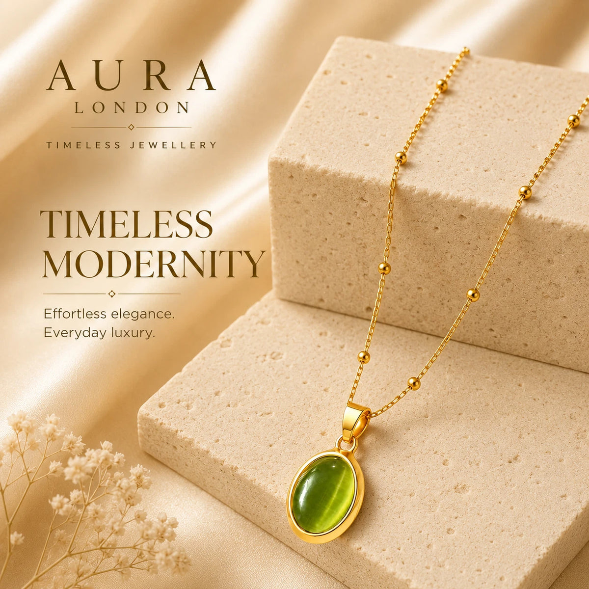 18K GOLD PLATED STAINLESS STEEL LADIES GREEN OVAL PENDANT NECKLACE WATERPROOF UK