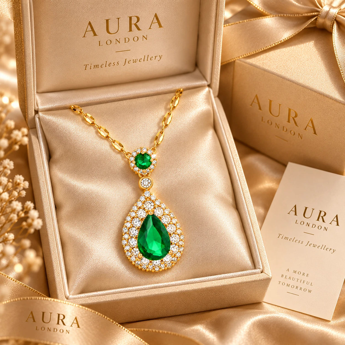 18K Gold Plated Titanium Steel Green Teardrop Pendant Necklace Waterproof Gift