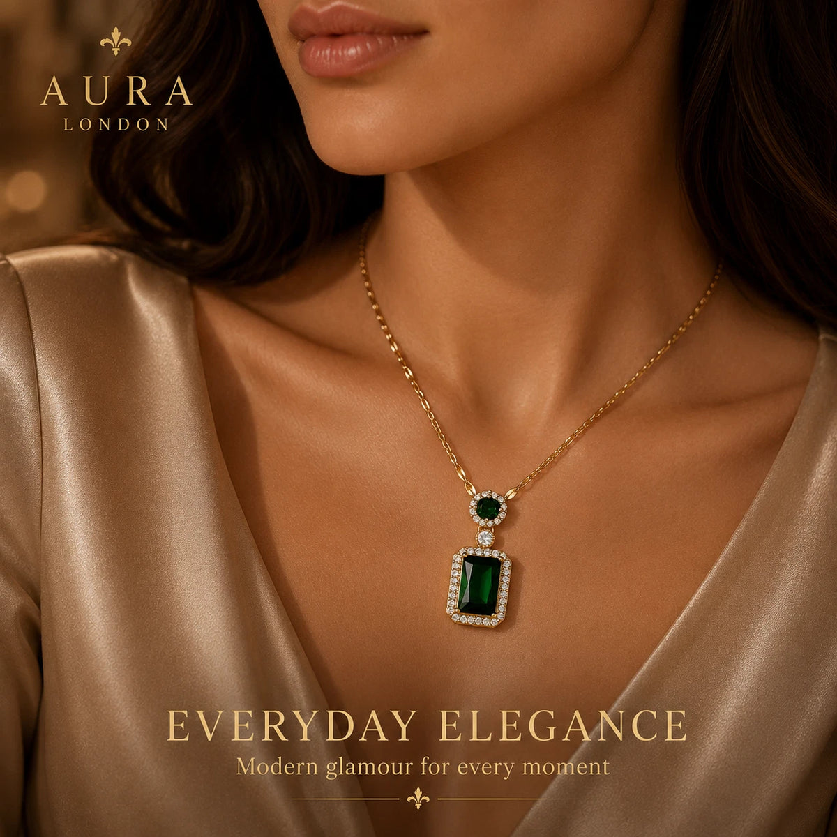 18K GOLD PLATED TITANIUM STEEL GREEN HALO CZ PENDANT NECKLACE LADIES WATERPROOF
