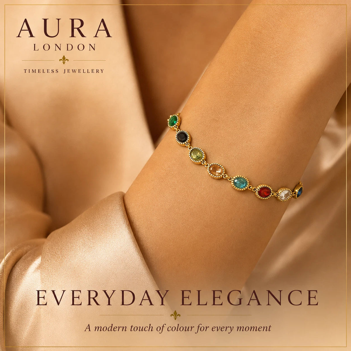 18K GOLD PLATED TITANIUM STEEL LADIES MULTICOLOUR CZ TENNIS BRACELET ADJUSTABLE