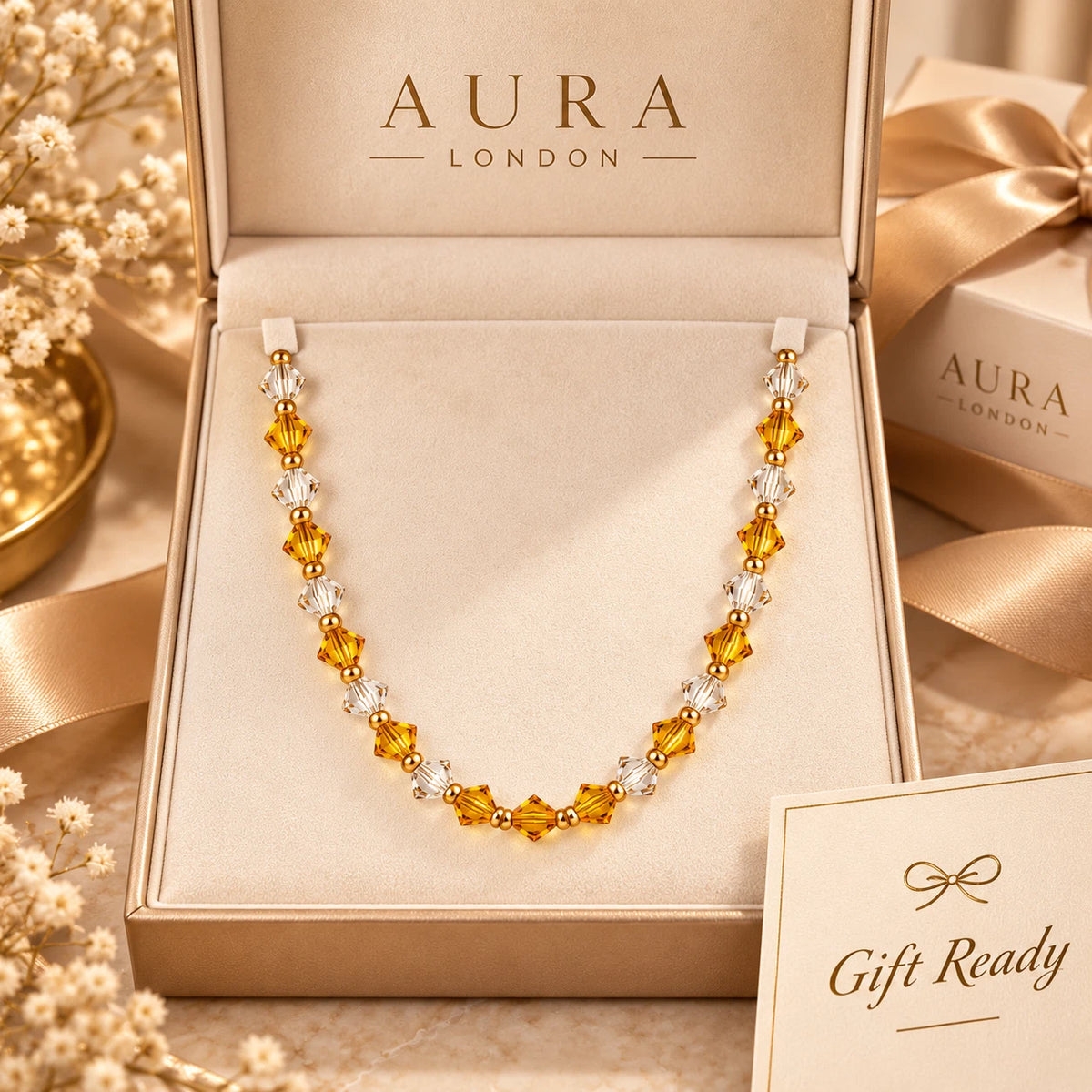 18K GOLD PLATED TITANIUM STEEL AMBER CLEAR BEADED NECKLACE WATERPROOF LADIES UK