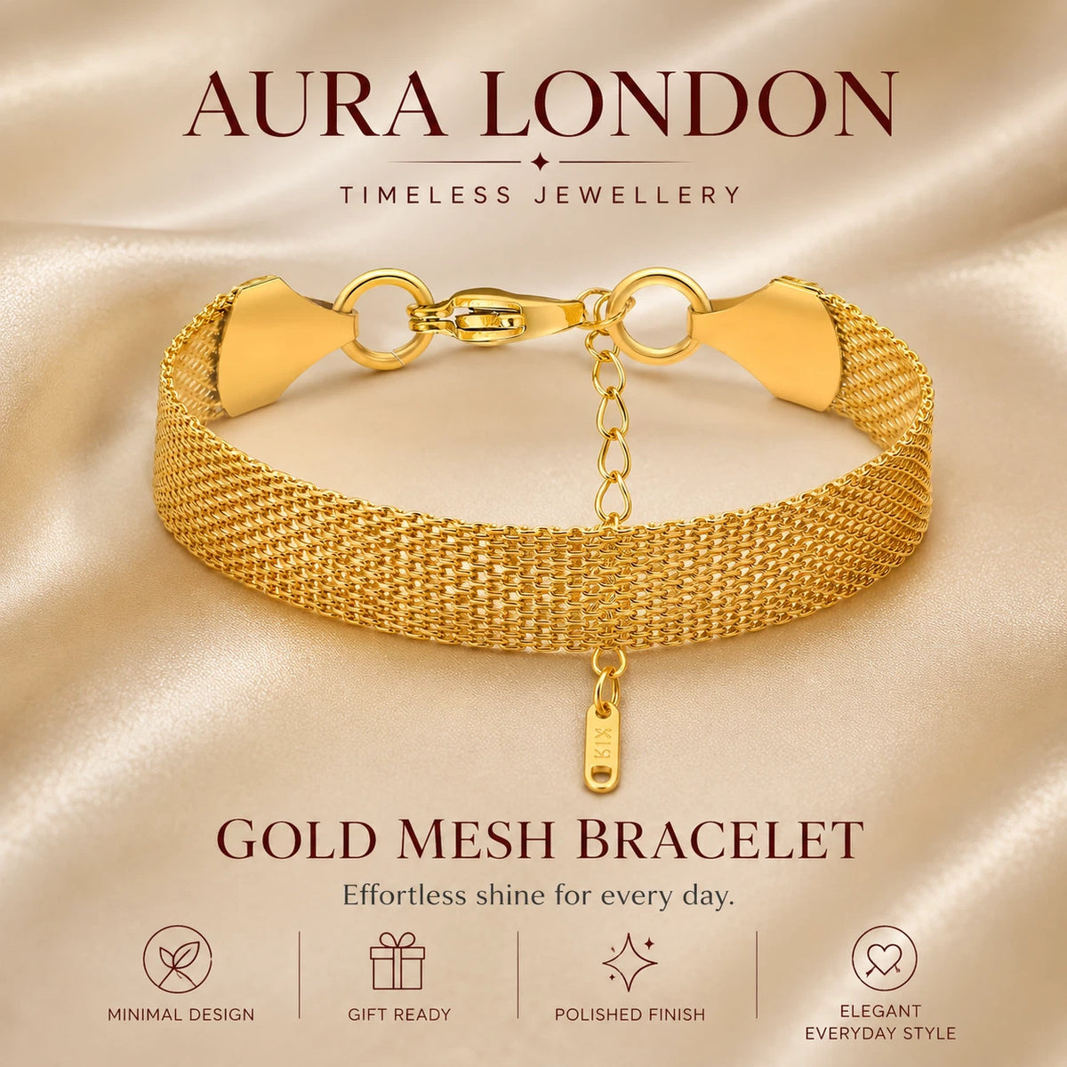 18K GOLD PLATED TITANIUM STEEL LADIES MESH BRACELET ADJUSTABLE WATERPROOF GIFT