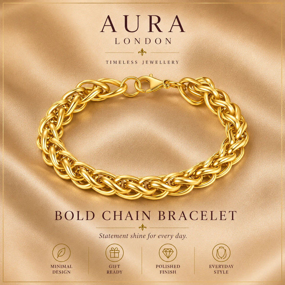 18K GOLD PLATED TITANIUM STEEL LADIES CHUNKY BRAIDED CHAIN BRACELET WATERPROOF