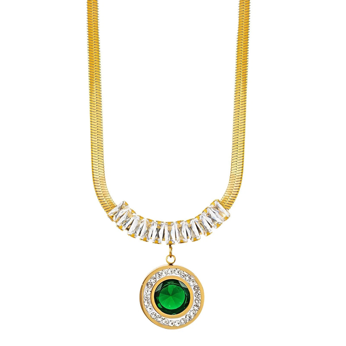 18K GOLD PLATED TITANIUM STEEL GREEN CZ HALO PENDANT NECKLACE WATERPROOF GIFT UK