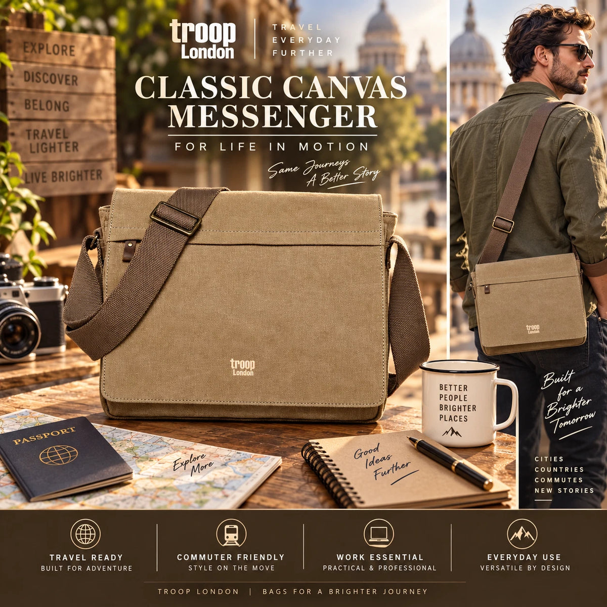 NEW TROOP LONDON TRP0240 CANVAS LAPTOP MESSENGER BAG 16.5INCH CROSSBODY SHOULDER