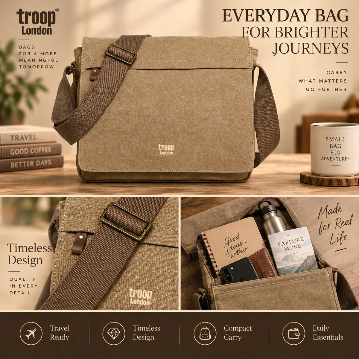 NEW TROOP LONDON TRP0240 CANVAS LAPTOP MESSENGER BAG 16.5INCH CROSSBODY SHOULDER