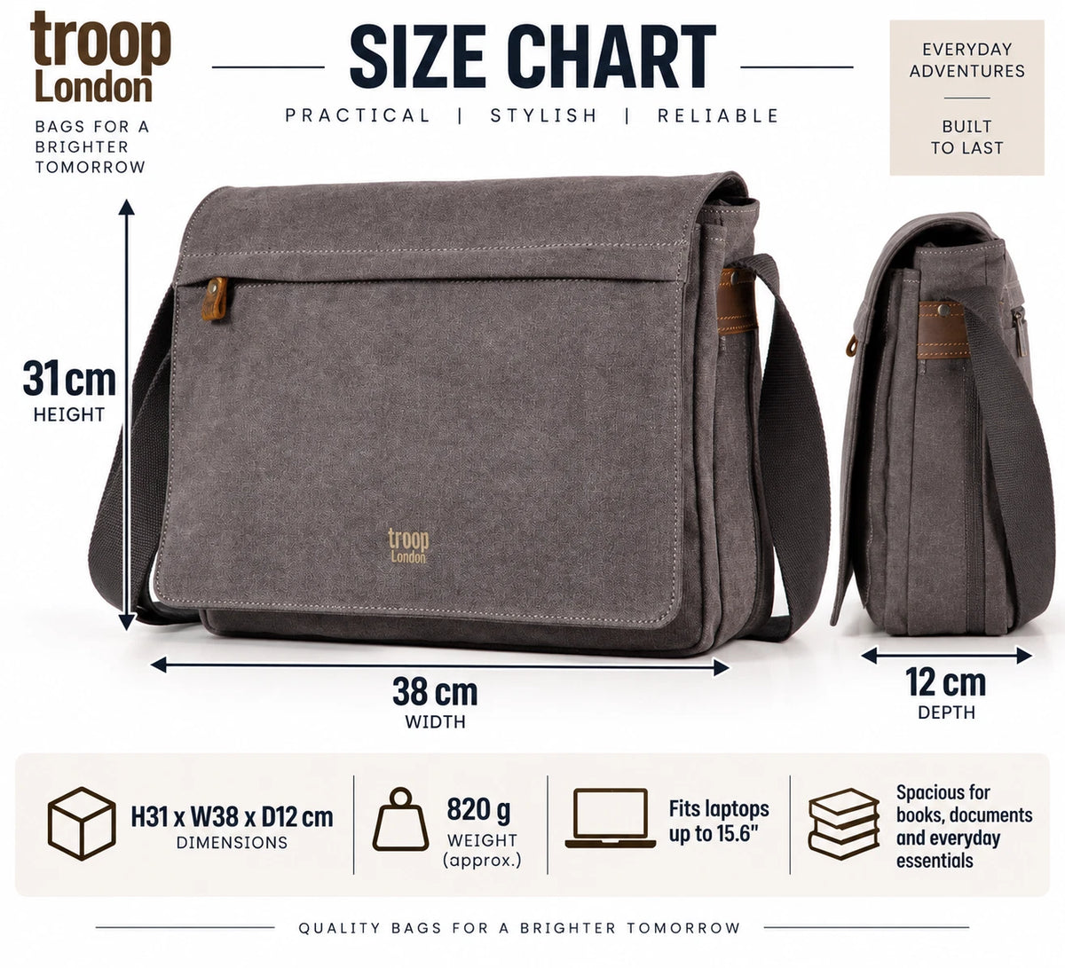 NEW TROOP LONDON TRP0240 CANVAS LAPTOP MESSENGER BAG 16.5INCH CROSSBODY SHOULDER