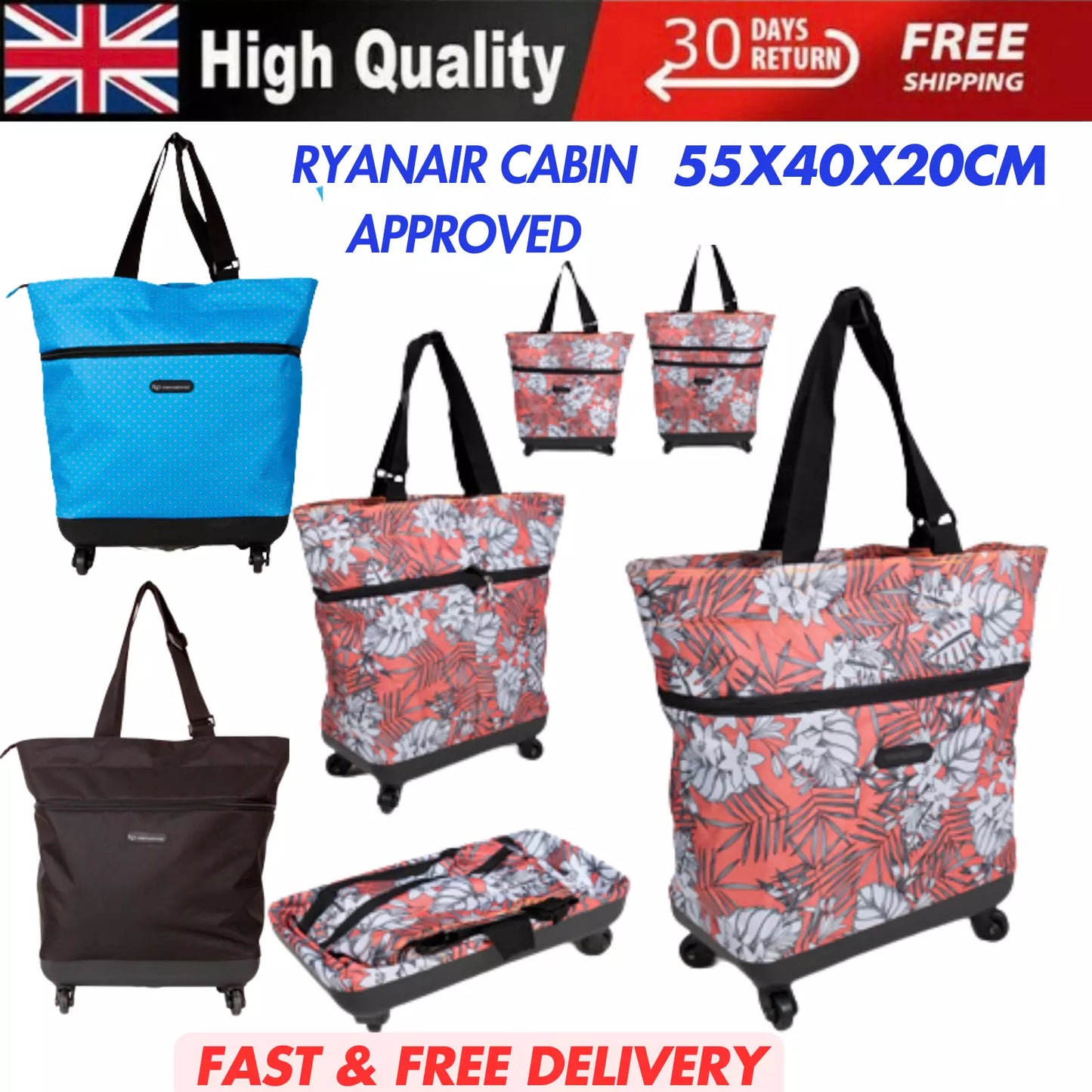 EXPANDABLE CABIN LARGE WHEELED HOLDALL TROLLEY BAG HAND LUGGAGE CARRY RYANAIR UK