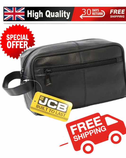 JCB Black Genuine Leather Travel Wash Bag - Zipped Travel Bags for Men Travel UK STOCK