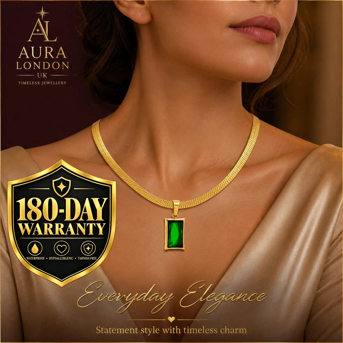 18K GOLD PLATED TITANIUM STEEL GREEN CZ PENDANT NECKLACE WATERPROOF LADIES UK