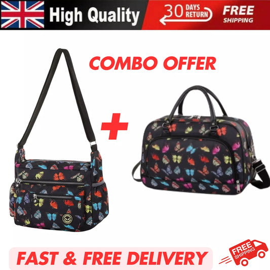 BUTTERFLY LIGHTWEIGHT HOLDALL CROSSBODY BAG FOR TRAVEL, GYM, WEEKEND – UK STOCK