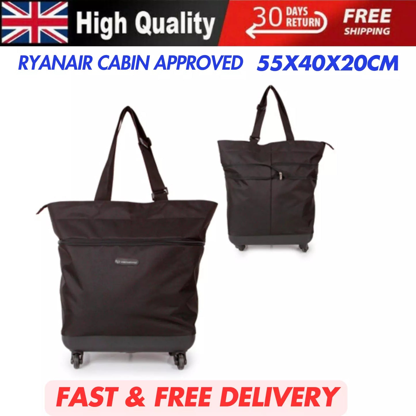 EXPANDABLE CABIN LARGE WHEELED HOLDALL TROLLEY BAG HAND LUGGAGE CARRY RYANAIR UK STOCK