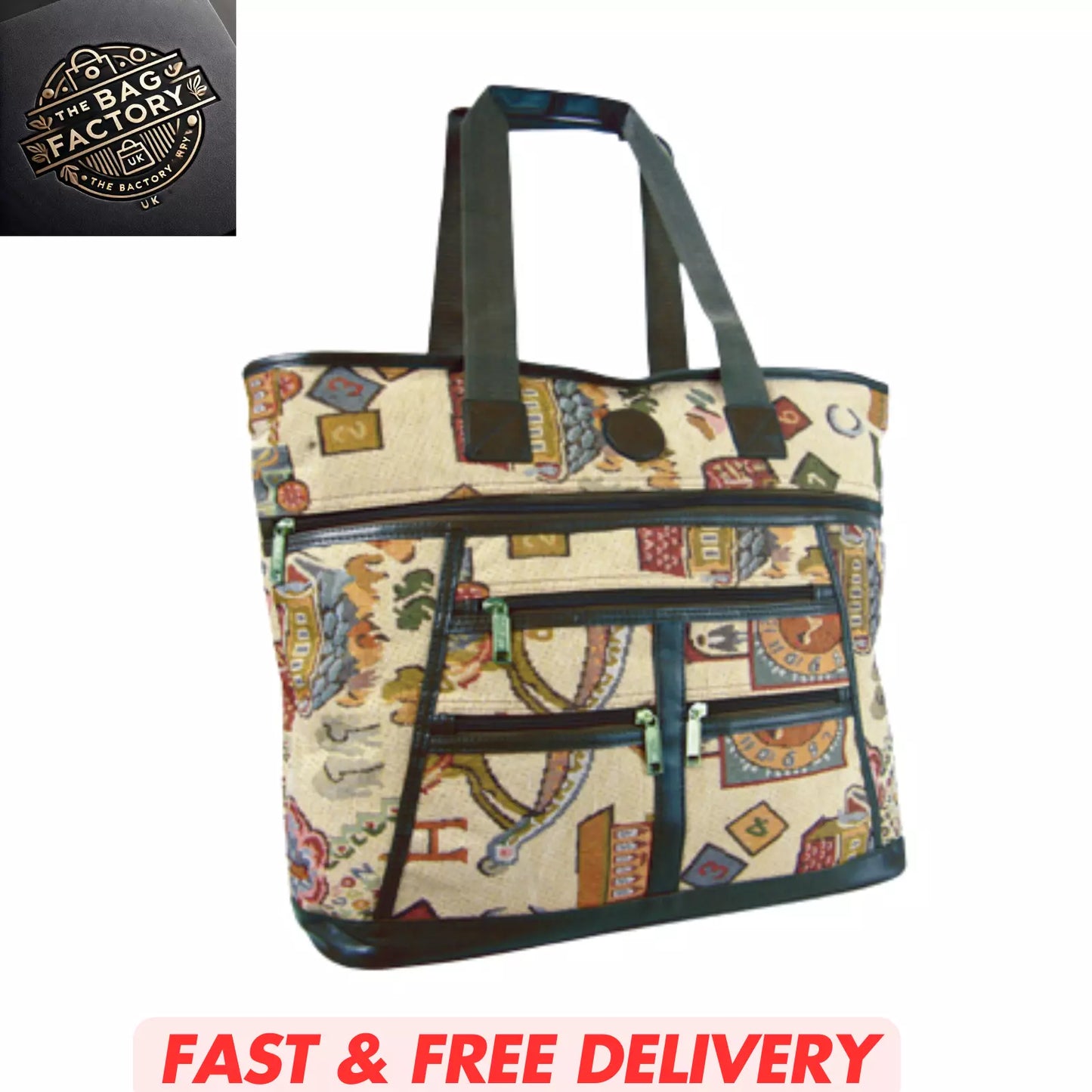 LARGE TAPESTRY SHOPPING BAG WITH ZIP MAIN COMPARTMENT MULTIPLE POCKETS SH104 UK STOCK
