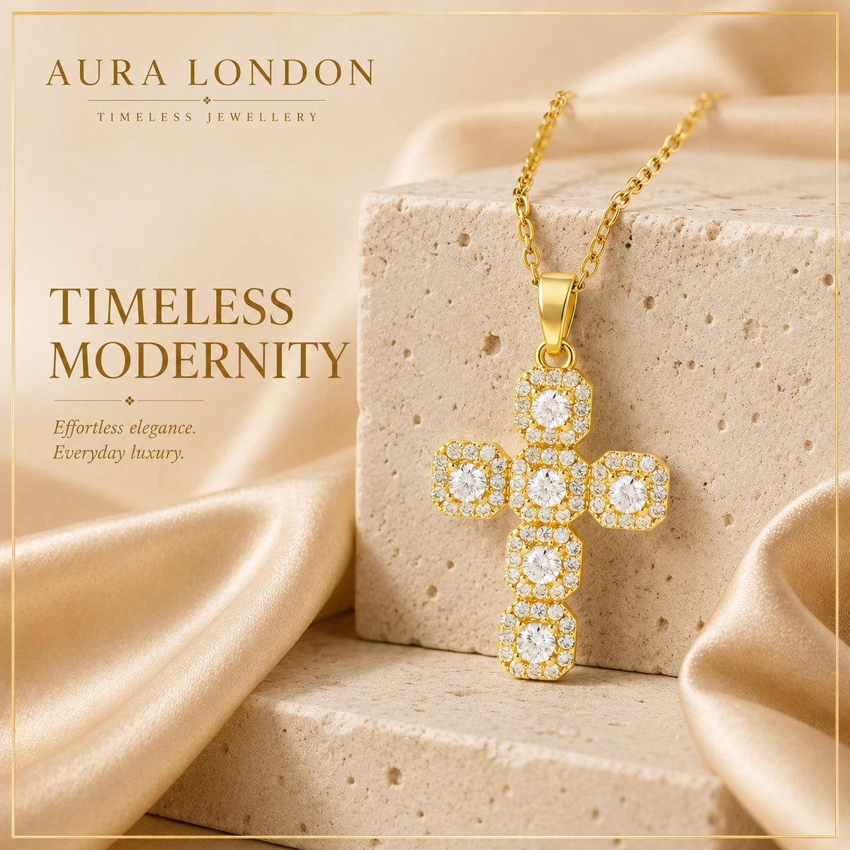 18K GOLD PLATED TITANIUM STEEL CROSS CZ PENDANT NECKLACE PVD WATERPROOF GIFT UK