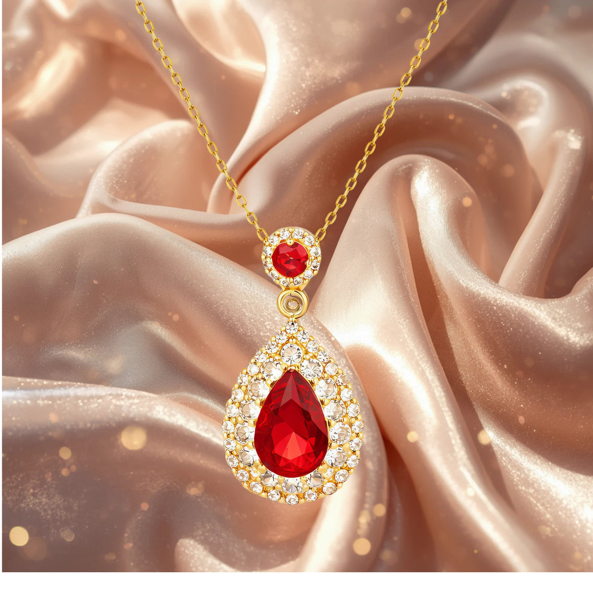 18K GOLD PLATED TITANIUM STEEL RED TEARDROP CZ PENDANT NECKLACE WATERPROOF GIFT
